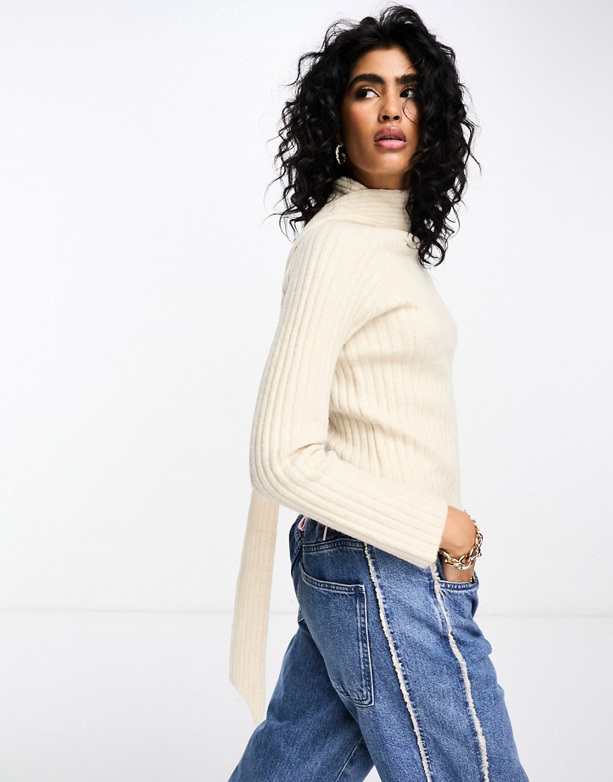 Y. A.S ribbed knitted jumper with attached scarf detail in cream-White