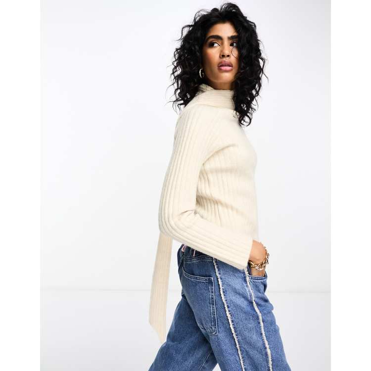 Y.A.S ribbed knitted jumper with attached scarf detail in cream | ASOS