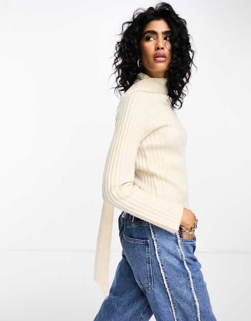 Y.A.S ribbed knitted jumper with attached scarf detail in cream ASOS