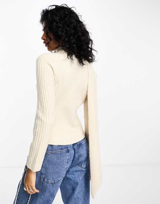 Y.A.S ribbed knitted jumper with attached scarf detail in cream