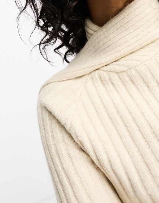 Y.A.S ribbed knitted jumper with attached scarf detail in cream