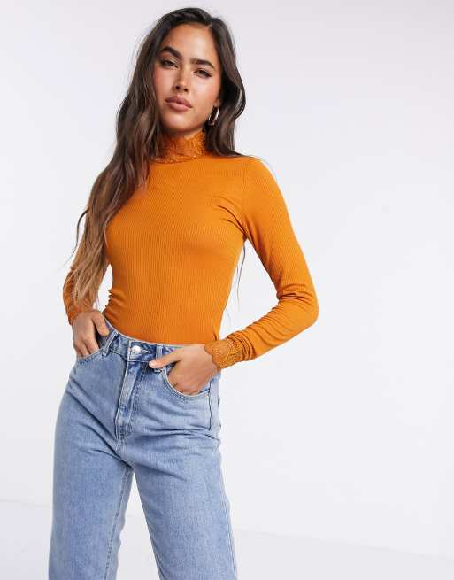 Y.A.S ribbed long sleeve top with lace trim in orange