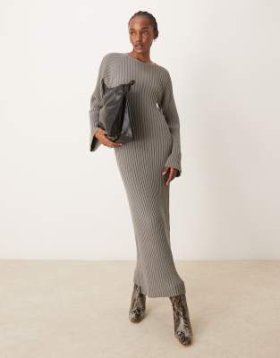 ribbed maxi dress with tie back waist and fluted sleeves in gray