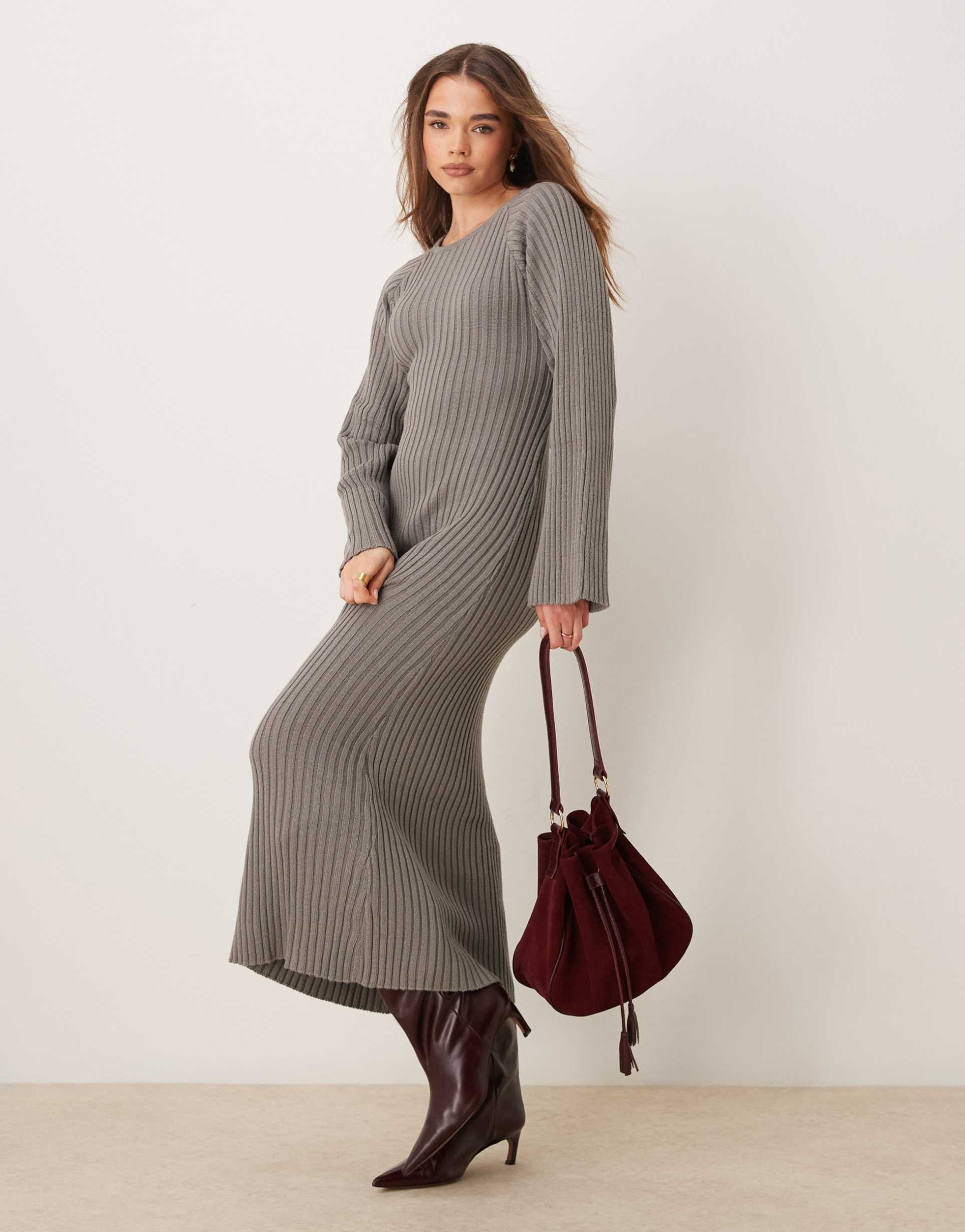 yas ribbed maxi dress with tie back waist and fluted sleeves in gray