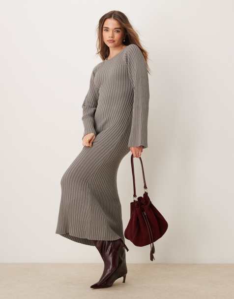 YAS ribbed maxi dress with tie back waist and fluted sleeves in grey - view 1