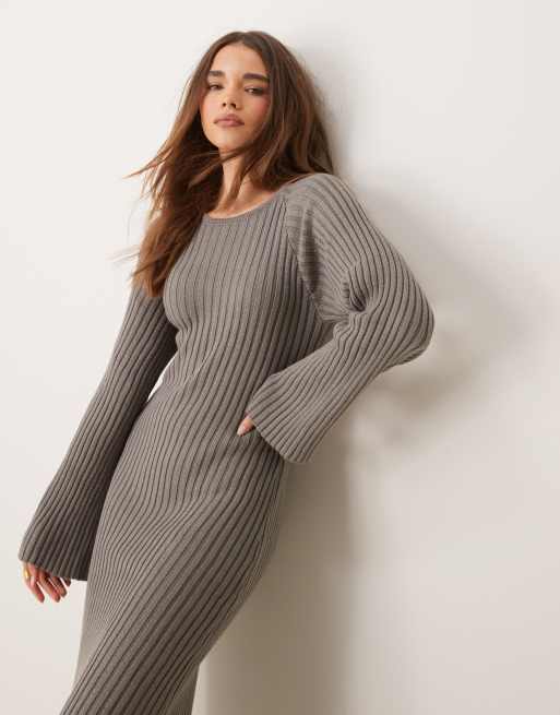 YAS ribbed maxi dress with tie back waist and fluted sleeves in grey, 2 of 4