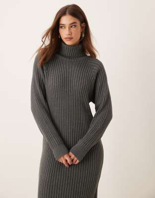 Y.A.S ribbed roll neck jumper midi dress in grey