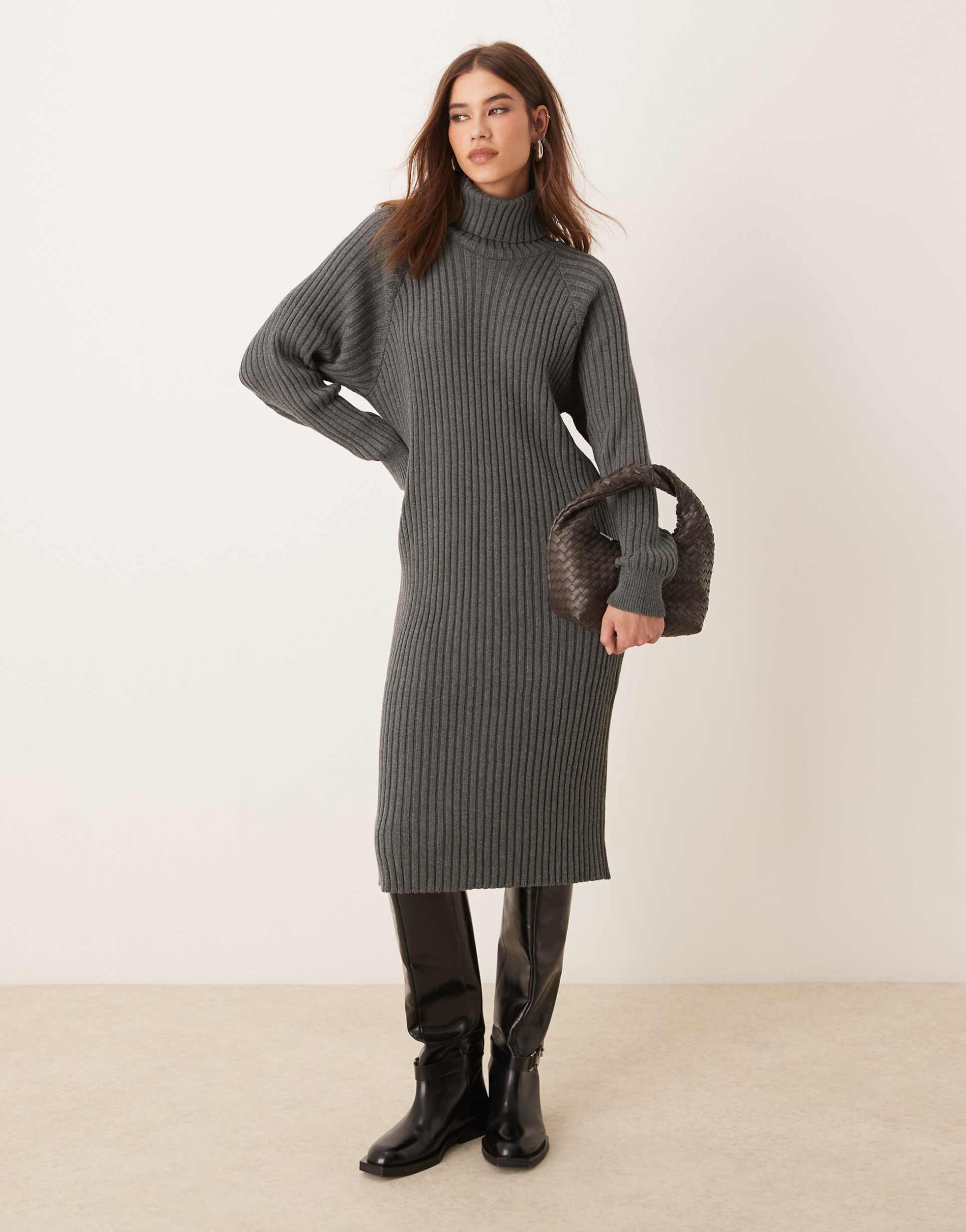 yas ribbed roll neck sweater midi dress in gray