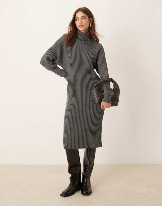 YAS ribbed roll neck sweater midi dress in gray