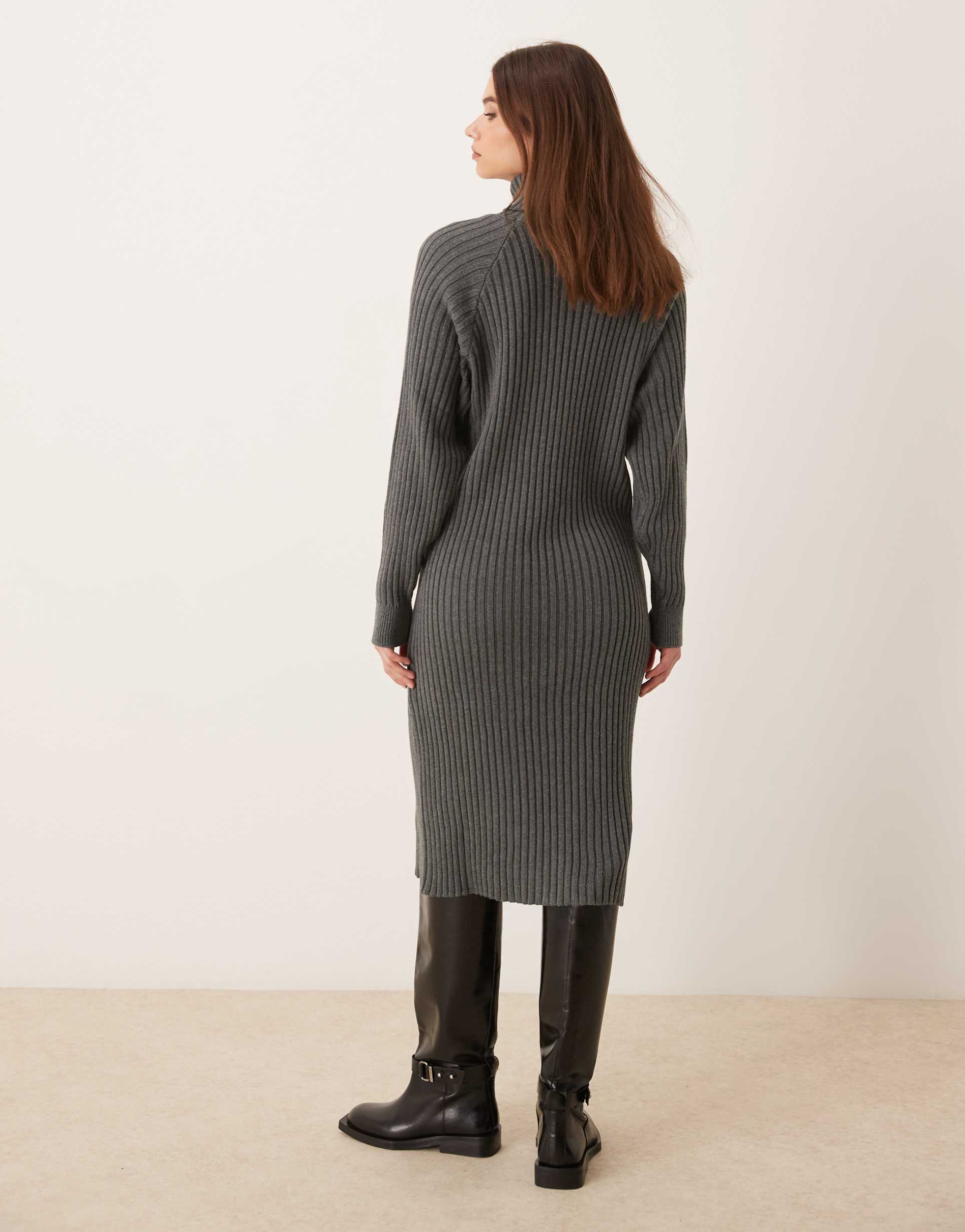 yas ribbed roll neck sweater midi dress in gray