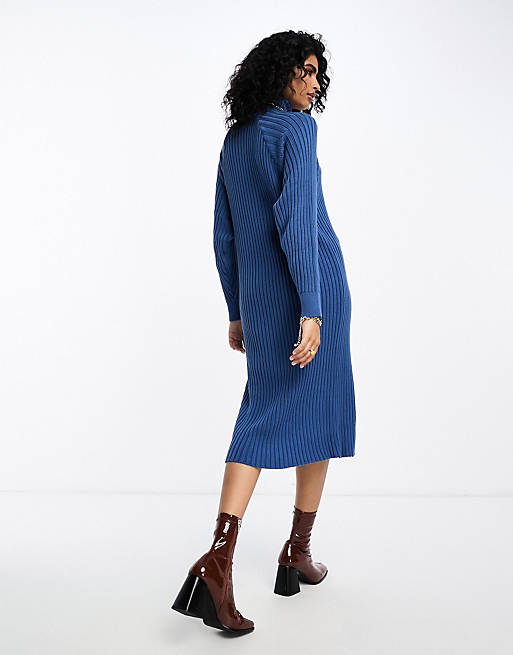Y.A.S ribbed turtle neck sweater midi dress in blue | ASOS