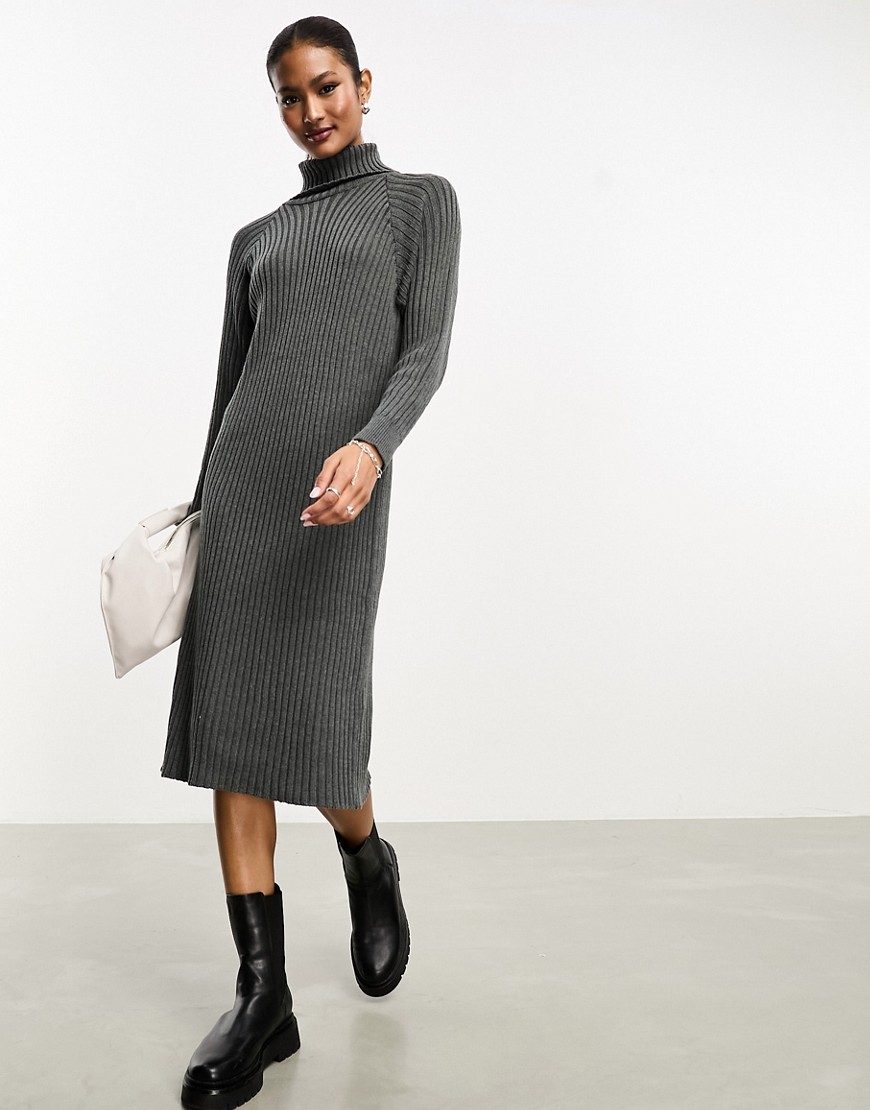 ribbed turtle neck sweater midi dress in gray