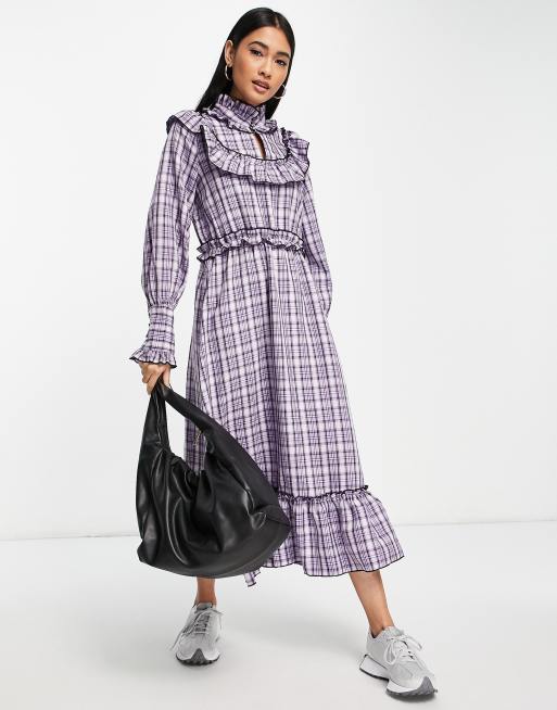 Y.A.S - Robe à carreaux avec col tendance et ourlet volanté - Violet