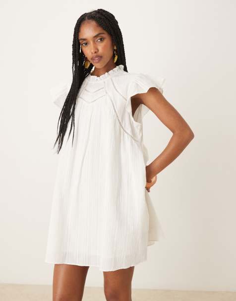 YAS - Robe babydoll courte à manches volantées et empiècement avec détail en maille jour échelle - Blanc - view 1