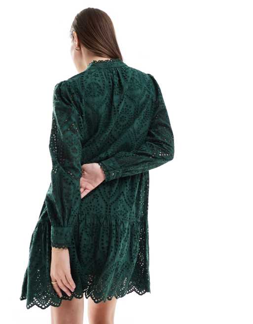 Robe babydoll courte en broderie anglaise Vert foncé ASOS