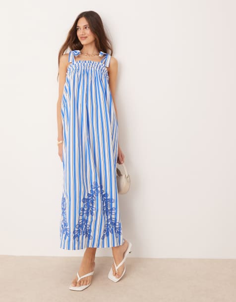 YAS - Robe babydoll longue à rayures avec bretelles nouées et broderies fleuries de qualité supérieure - Bleu - view 1