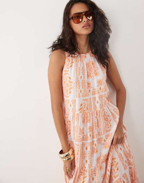 YAS - Robe babydoll longue sans manches avec ourlet à volants et imprimé mosaïque - Orange - view 1
