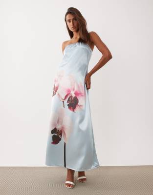 Robe bandeau longue en satin à imprimé orchidée - Bleu pâle 38