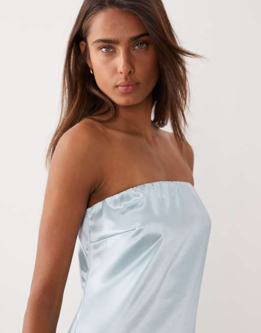 YAS - Robe bandeau longue en satin à imprimé orchidée - Bleu pâle, 3 de 4