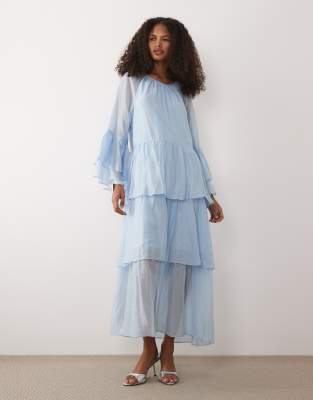Robe bohème longue volumineuse à volants étagés - Bleu ciel 36