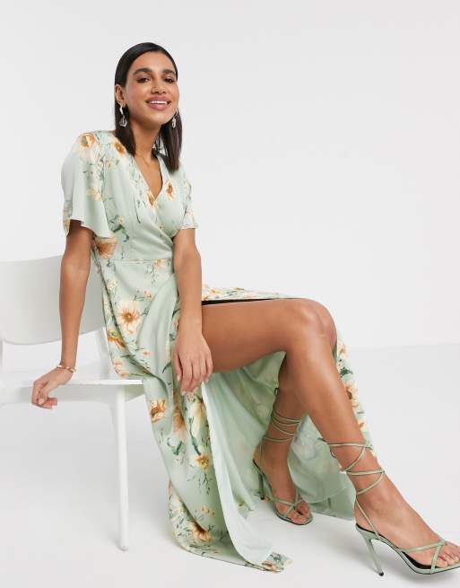 Y.A.S - Robe cache-cœur mi-longue à manches évasées et imprimé à fleurs