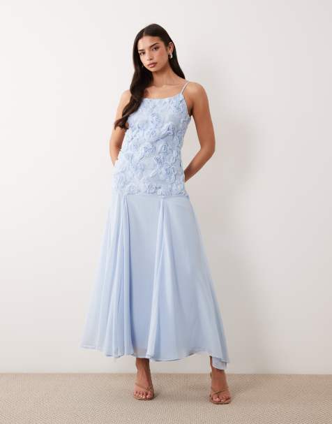 YAS - Robe caraco longue à taille basse et appliqués fleuris - Bleu pâle - view 1