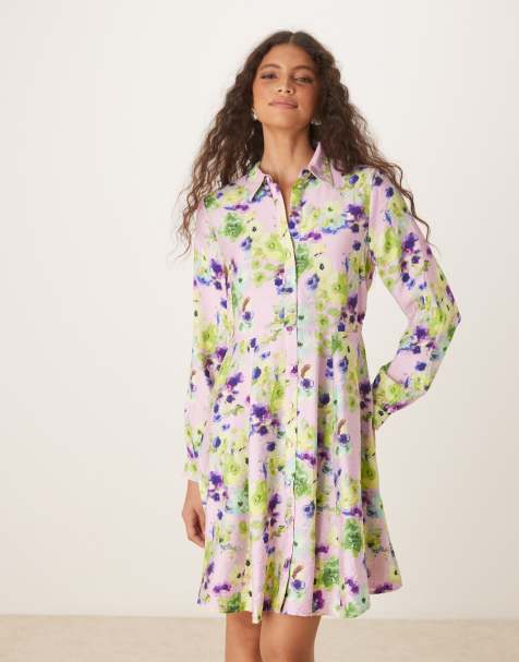 YAS - Robe chemise courte à ourlet virevoltant et imprimé fleurs - Lilas pastel - view 1
