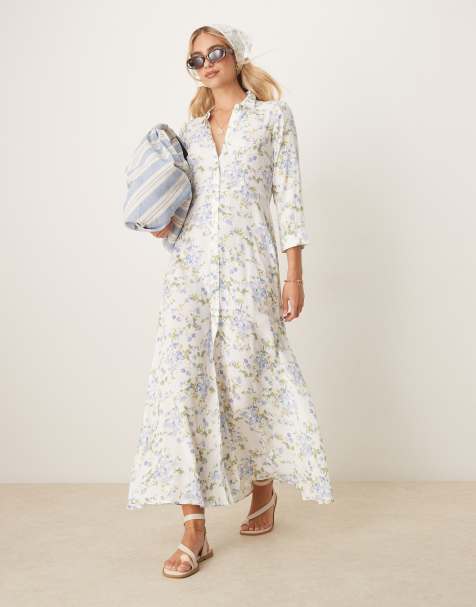 YAS - Robe chemise longue à fleurs bleues - Blanc - view 1