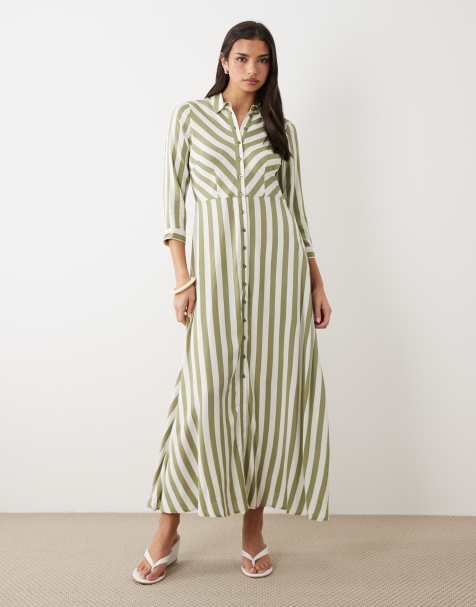 YAS - Robe chemise longue à rayures - Blanc et vert huilé - view 1