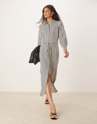 Robe chemise rayée longue nouée à la taille - Noir et crème-Multicolore 38