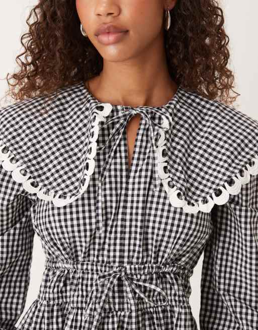 YAS - Robe courte à carreaux avec col et détail noué - Noir et blanc, 4 de 4