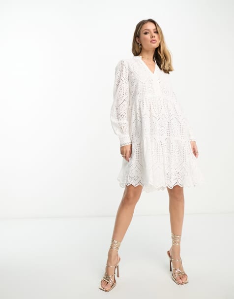 Y.A.S - Robe courte à col V et manches longues en broderie anglaise - Blanc - view 1
