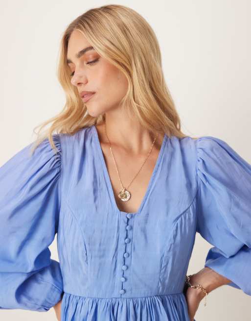 YAS - Robe courte boutonnée style bohème à manches bouffantes - Bleu Provence, 4 de 4
