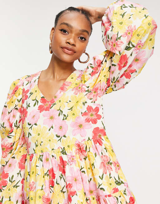 Y.A.S - Robe courte en coton à manches oversize - Imprimé fleuri vif - MULTI, 2 de 4