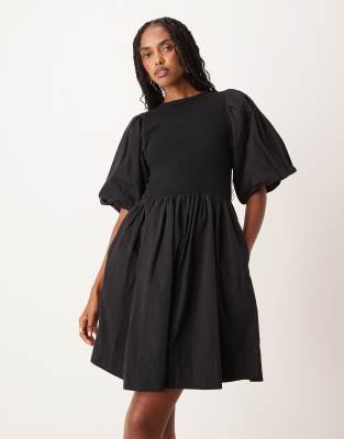YAS - Robe courte en coton et jersey à manches bouffantes - Noir