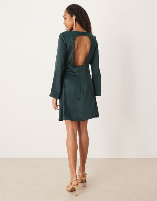 YAS - Robe courte en satin à dos ouvert - Vert foncé, 2 de 4