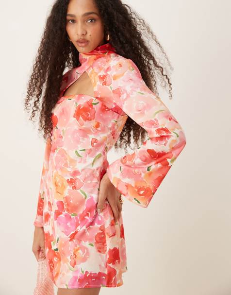 YAS - Robe courte en satin à fleurs avec découpes et col montant - view 1
