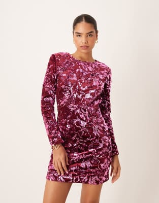 Robe courte en velours à sequins - Rose foncé L