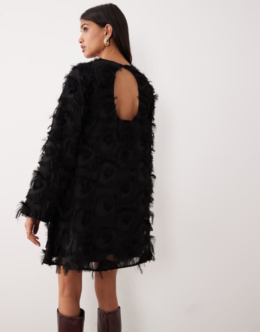YAS - Robe courte texturée duveteuse à manches longues - Noir, 3 de 4