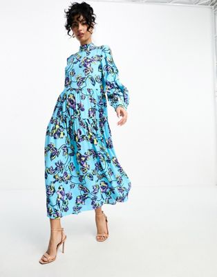 Y.A.S high neck maxi dress with bow back detail in blue floral print  - ASOS Price Checker