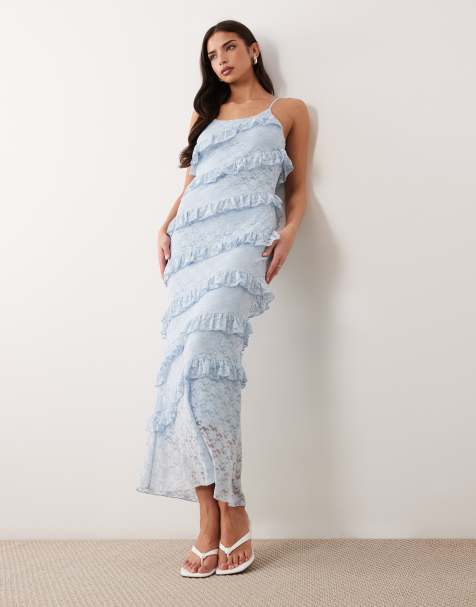 YAS - Robe longue à fines bretelles avec volants en dentelle - Bleu pastel - view 1