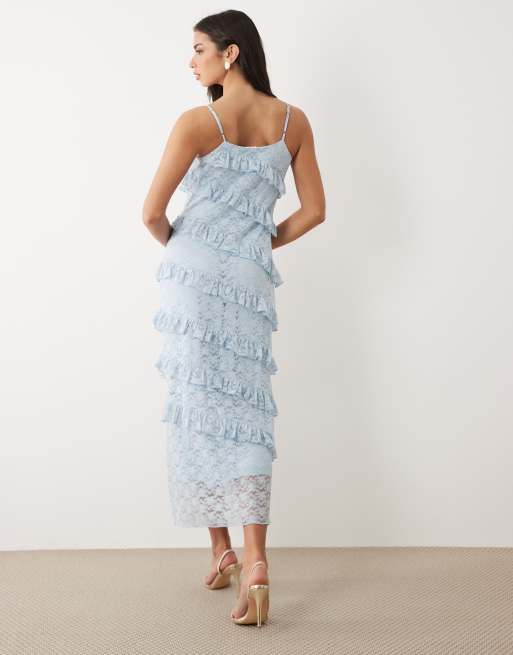 YAS - Robe longue à fines bretelles avec volants en dentelle - Bleu pastel, 2 de 4