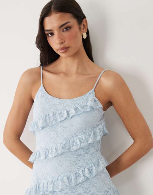YAS - Robe longue à fines bretelles avec volants en dentelle - Bleu pastel, 3 de 4