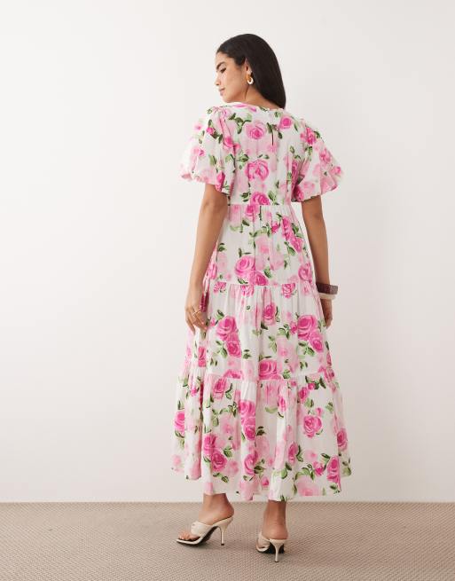 YAS - Robe longue à imprimé roses avec manches bouffantes et ourlet à volants - Rose, 4 de 4