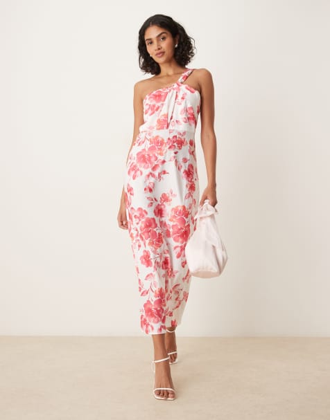 YAS - Robe longue asymétrique en satin à fleurs rouges - Blanc - view 1