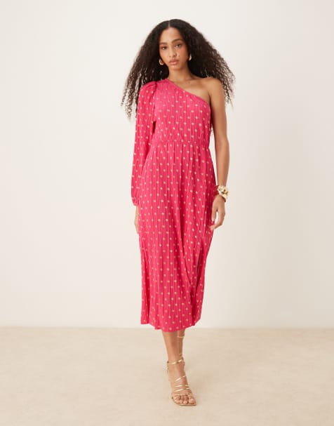 YAS - Robe longue asymétrique plissée à pois métallisés - Rose - view 1