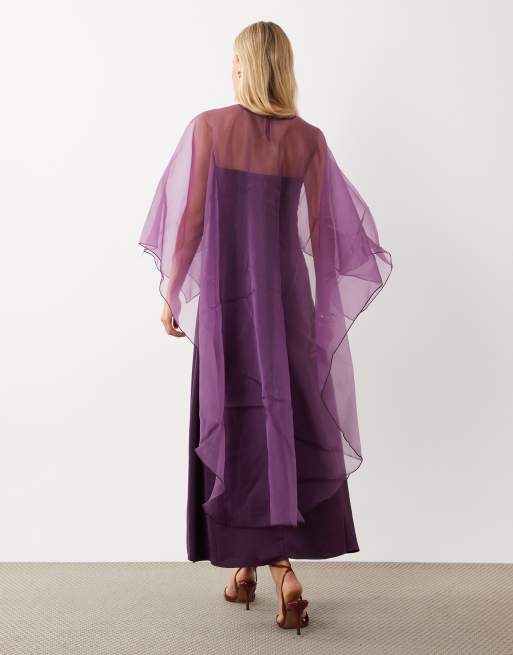 YAS robe longue bandeau en satin avec cape transparente prune foncé, 2 de 4