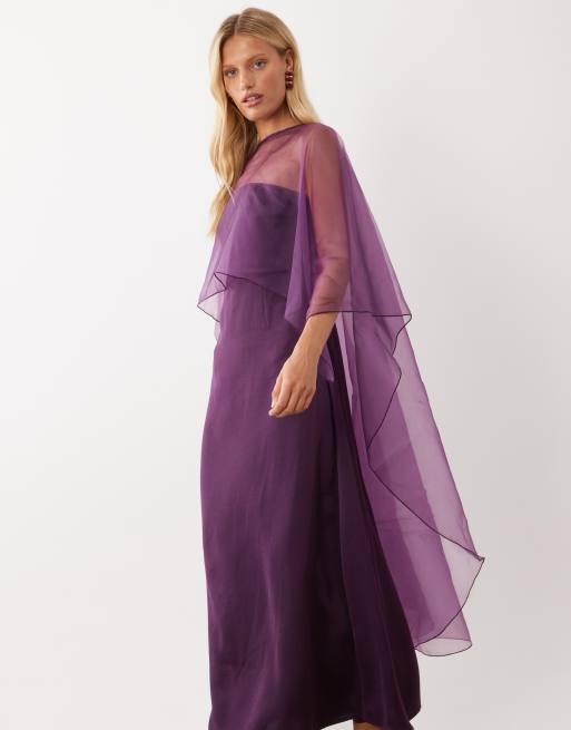YAS robe longue bandeau en satin avec cape transparente prune foncé, 3 de 4