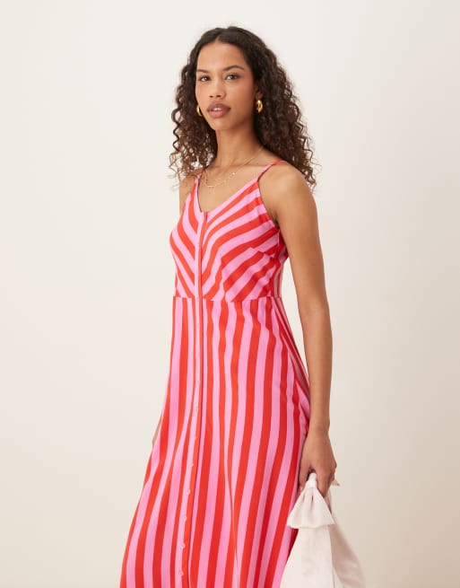 YAS - Robe longue boutonnée à rayures et fines bretelles - Rouge et rose, 4 de 4