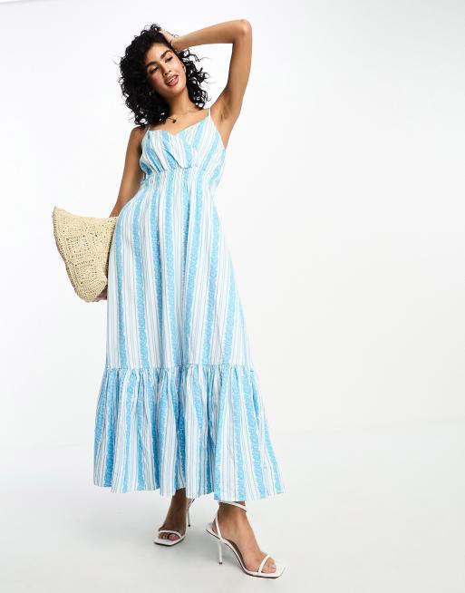 Y.A.S - Robe longue brodée à bretelles et rayures - Bleu et blanc